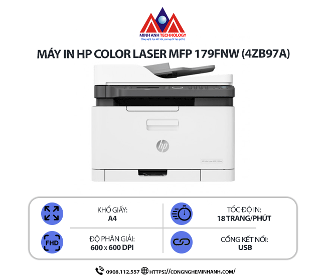 Máy in HP Color Laser MFP 179FNW (4ZB97A) - In laser màu đa chức năng, scan, copy, fax, kết nối mạng WiFi, in qua điện thoại