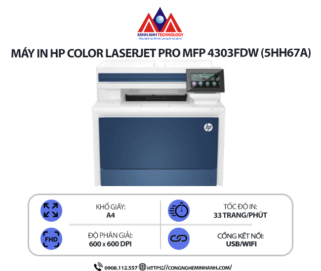Máy in HP Color LaserJet Pro MFP 4303FDW (5HH67A) - In laser màu, in 2 mặt tự động, scan, copy, fax, kết nối mạng Wifi, in qua điện thoại