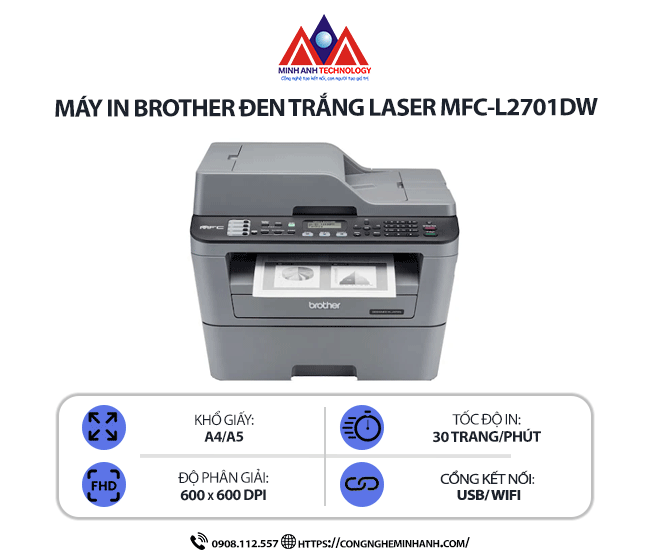 Máy in Brother MFC–L2701DW – Máy in đa chức năng, in 2 mặt, kết nối WiFi, copy, scan, fax