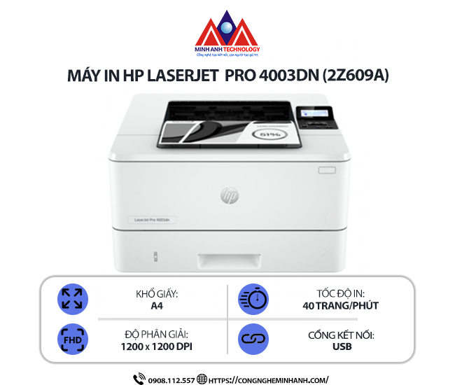 Máy in HP LaserJet Pro 4003DN (2Z609A) – In laser trắng đen, in 2 mặt tự động, kết nối mạng LAN