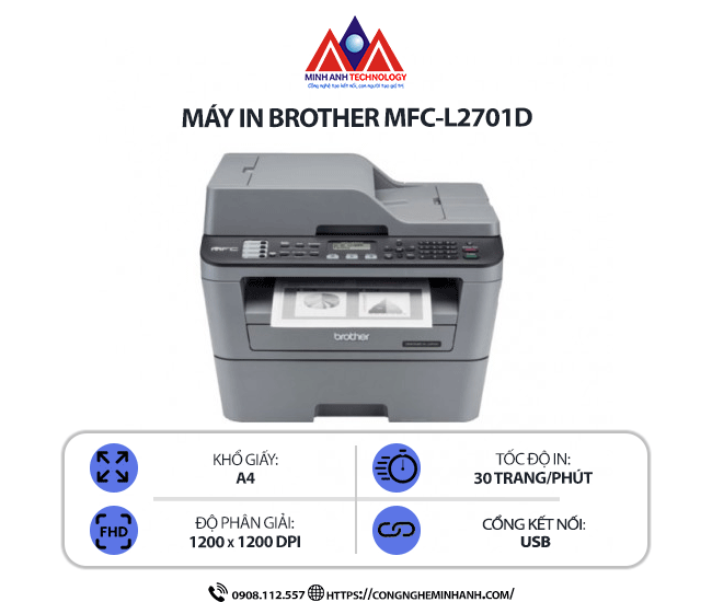 Máy In Brother MFC-L2701D – In laser trắng đen đa chức năng, in 2 mặt tự động, scan, copy, cổng kết nối USB