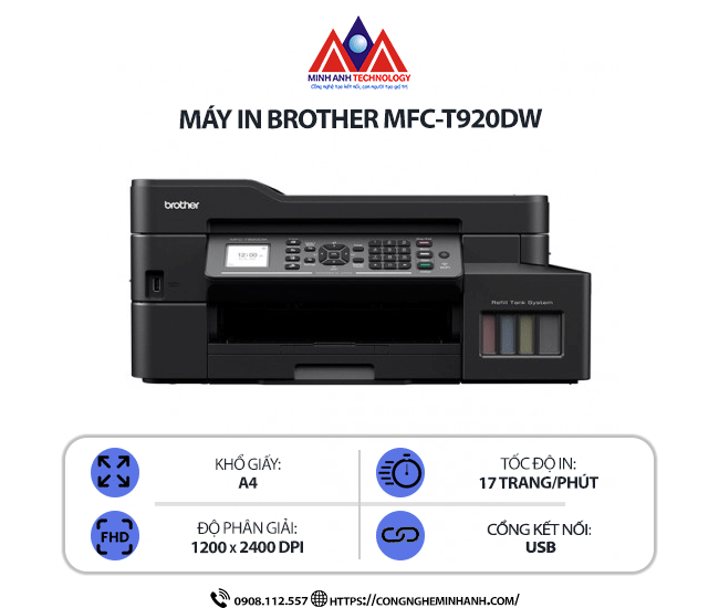 Máy in Brother MFC-T920DW - In phun màu đa chức năng, in 2 mặt tự động, scan, copy, fax, kết nối cổng Wifi