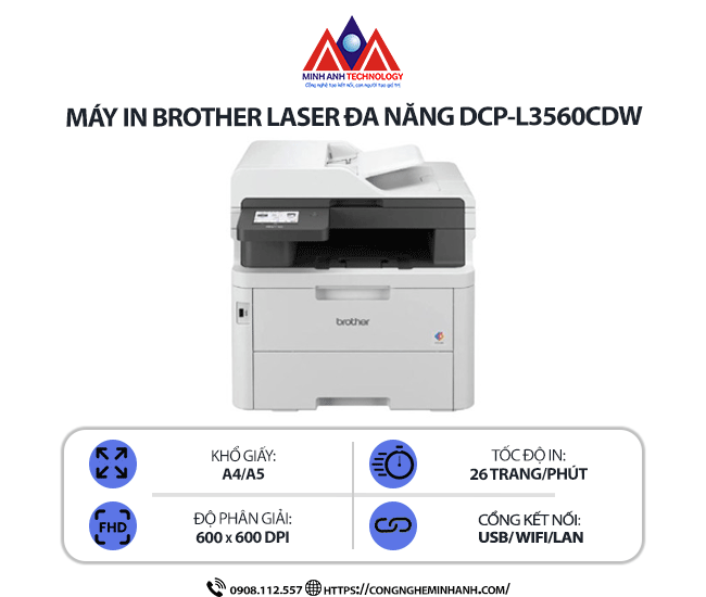 Máy in Brother DCP-L3560CDW  - In laser màu đa chức năng, in 2 mặt tự động, scan, copy, kết nối WiFi