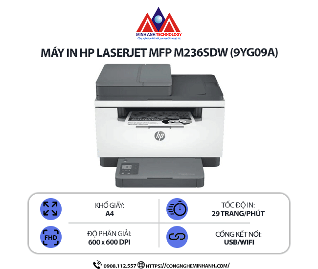 Máy in HP LaserJet MFP M236SDW (9YG09A)  – In đa chức năng, in 2 mặt tự động, scan, copy, kết nối WiFi, AirPrint