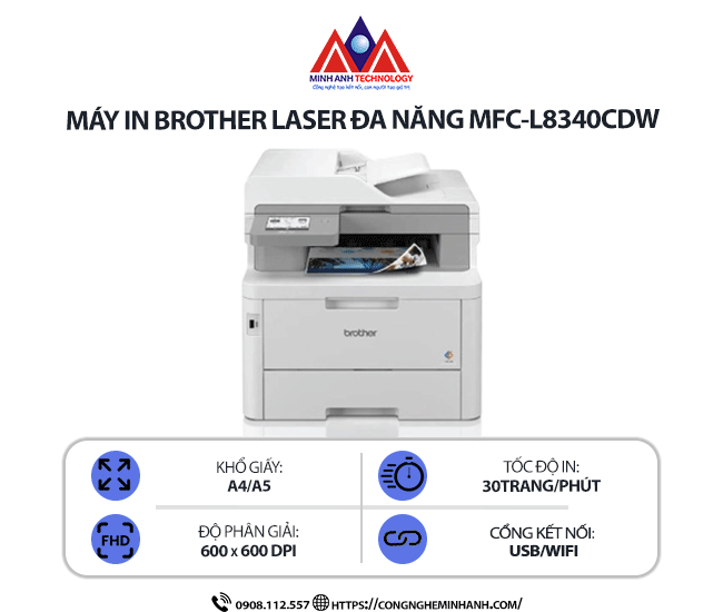 Máy in Brother MFC-L8340CDW - In laser màu đa chức năng, in 2 mặt tự động, scan, copy, in WiFi, in qua điện thoại