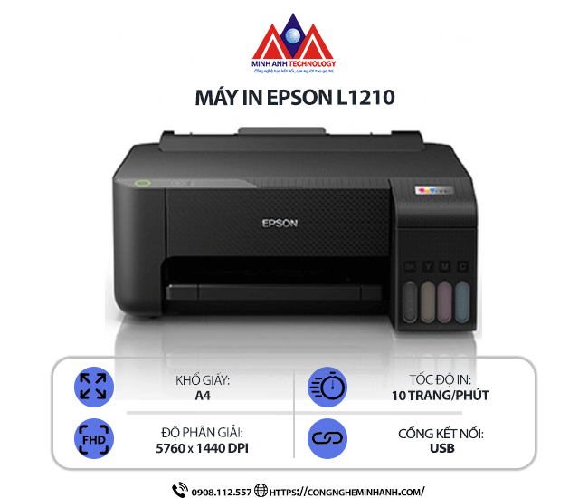 Máy in Epson L1210 - In phun màu đơn năng, in ảnh, in văn bản, in không viền, kết nối cổng USB