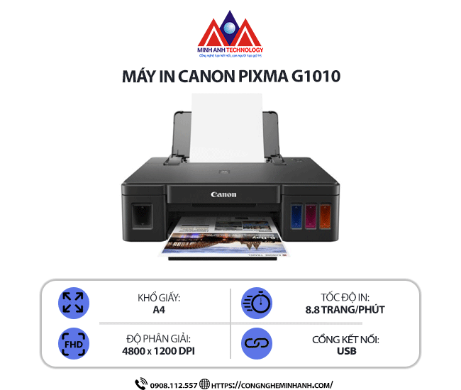 Máy in Canon Pixma G1010 - In phun màu đơn năng, in ảnh, in văn bản, kết nối cổng USB