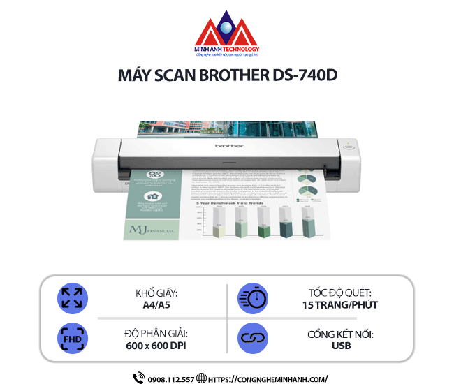 Máy Scan Brother DS-740D - Quét 2 mặt tự động, kết nối cổng USB, hỗ trợ A4 và thẻ nhựa