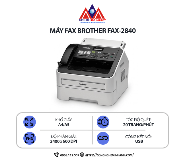 Máy Fax Brother FAX-2840 - Fax laser trắng đen đa năng, Scan, Copy, Fax, kết nối công USB