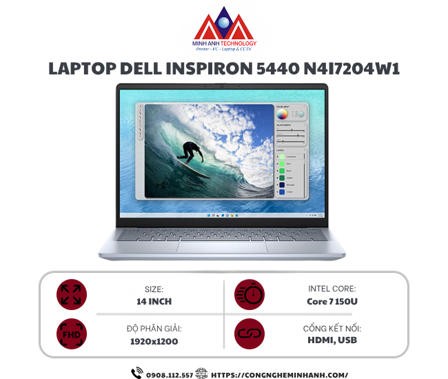 Laptop Dell Inspiron 5440 N4I7204W1 (Core 7 150U/ 16GB/ 512GB SSD/ 14 inch FHD+/ Win 11/ Office/ Ice Blue/ 1Y)