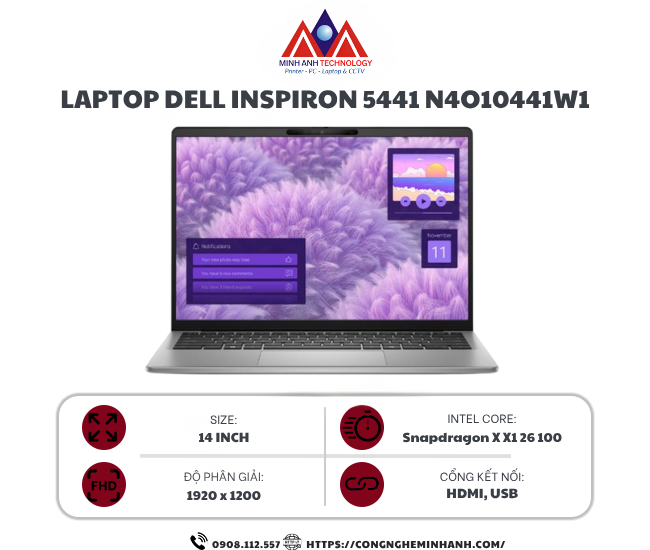Laptop Dell Inspiron 5441 N4O10441W1 (Snapdragon X X1 26 100/ 16GB/ 1TB SSD/ 14 inch FHD+/ Win 11/ Office/ Grey/ Vỏ nhôm/ 1Y)