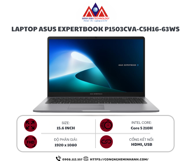 Laptop Asus ExpertBook P1503CVA-C5H16-63WS (Core 5 210H/ 16GB/ 512GB SSD/ 15.6 inch FHD/ Win 11/ Office/ Grey)