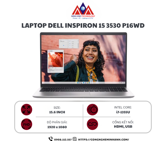 Laptop Dell Inspiron 15 3530 P16WD (i7 1355U/ Ram 16GB/ SSD 1TB/ Windows 11/ Office/ 1Y/ Bạc)