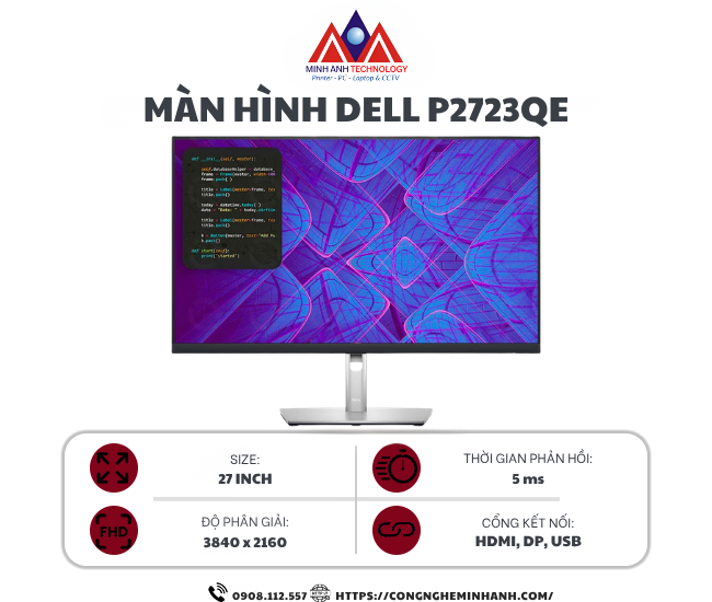 Màn Hình Dell P2723QE (27.0 inch/ 4K/ IPS/ USB TypeC/ Network RJ45)
