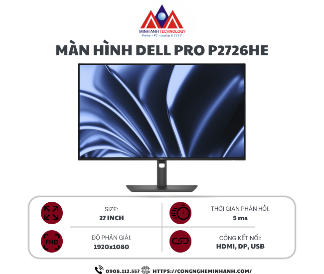 Màn hình Dell Pro P2726HE (27 inch/ FHD/ IPS/ 120Hz/ USB-C/ LAN/ Black/ 3Y)