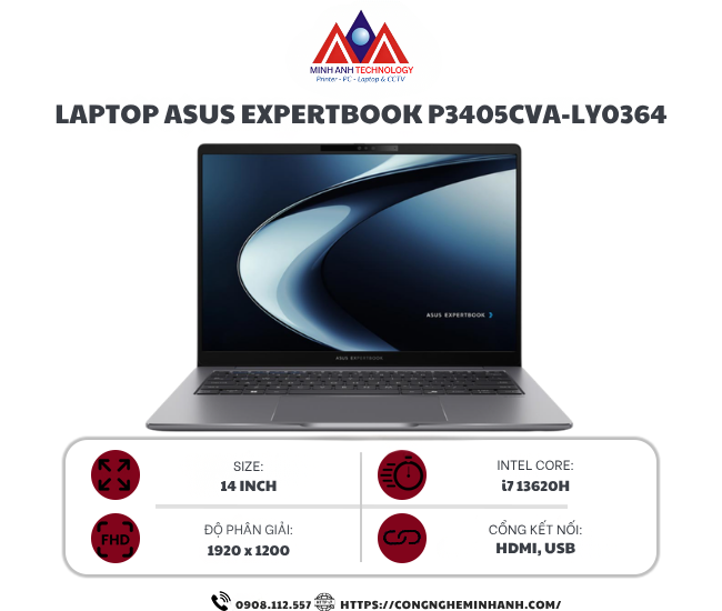 Laptop ASUS ExpertBook P3405CVA-LY0364 (Core i7-13620H/ 16GB/ 512GB SSD/ 14 inch WUXGA/ NoOS/ Fingerprint/ 3Y)