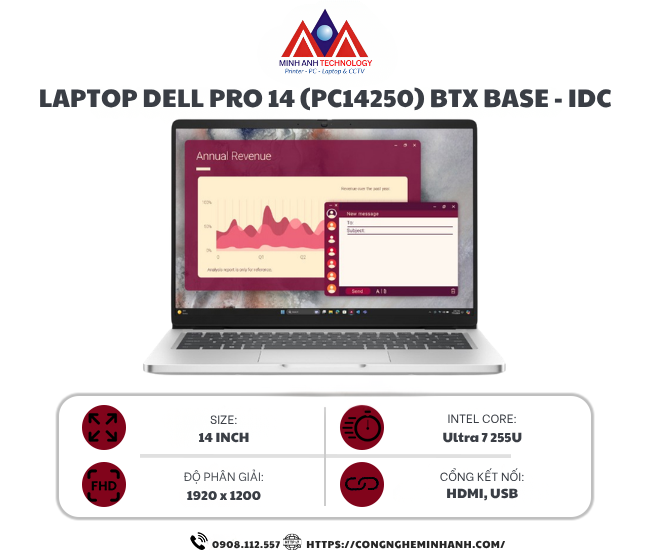 Laptop Dell Pro 14 PC14250 BTX Base (Ultra 7 255U/ 16GB/ 512GB SSD/ 14 inch FHD+/ Win11 Home/ Silver/ 2Y)