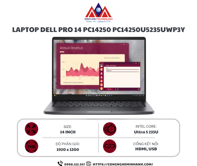 Laptop Dell Pro 14 PC14250 PC14250U5235UWP3Y (Ultra 5 235U vPro/ 16GB/ 512GB SSD/ 14 inch FHD+/ Win 11 Pro/ 3Y ProSupport)
