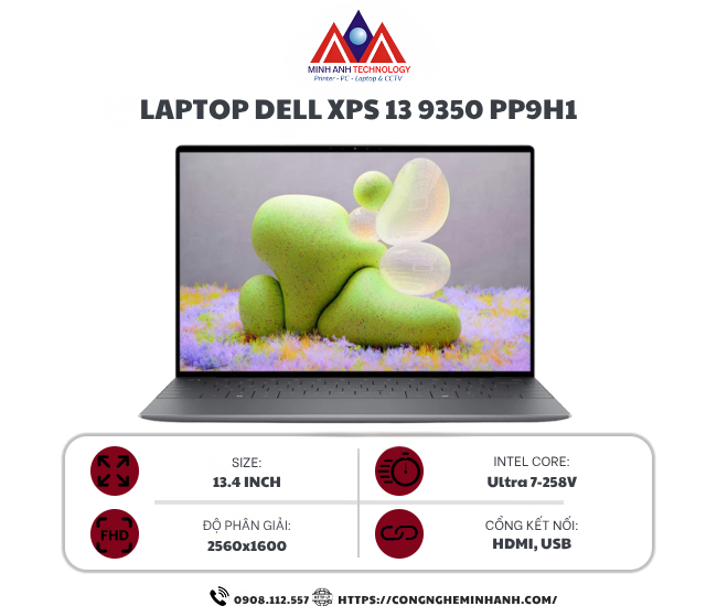 Laptop Dell XPS 13 9350 PP9H1 (Ultra 7 258V/ 32GB/ 1TB SSD/ 13.4inch QHD+ Touch/ Wifi + BT/ Win 11/ Office/ Platinum/ 1Y)