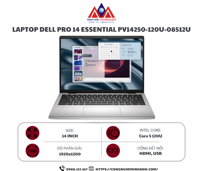 Laptop Dell Pro 14 Essential PV14250-120U-08512U (Core 5 120U/ 8GB/ 512GB SSD/ 14 inch FHD+/ NoOS/ Platinium Silver/ 2Y)