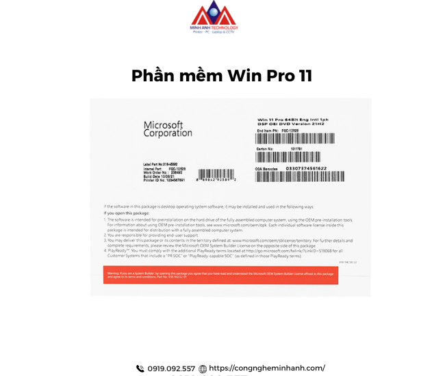 Phần mềm Windows 11 Pro 64bit Eng Intl 1PK DSP OEi DVD (FQC-10528)