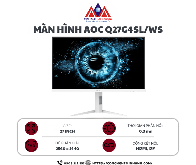 Màn hình AOC Q27G4SL/WS (27 inch/ IPS/ 2K/ 320Hz/ 0.3ms/ Trắng)