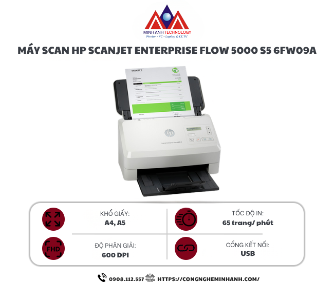 Máy Scan HP ScanJet Enterprise Flow 5000 S5 6FW09A (A4/A5/ Đảo mặt/ ADF/ USB)