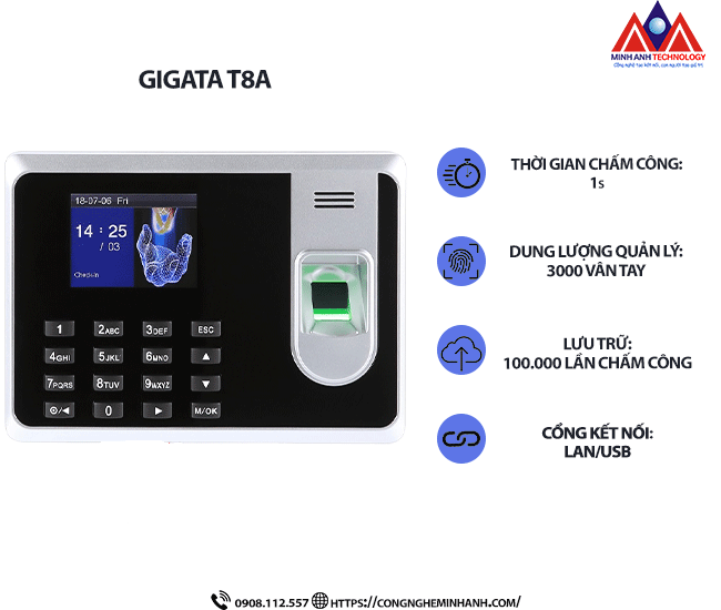 Máy Chấm Công Vân Tay Gigata T8A
