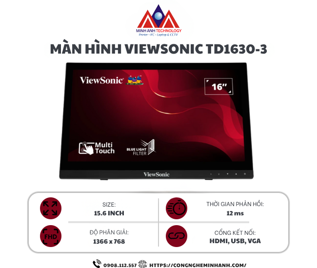Màn hình cảm ứng di động Viewsonic TD1630-3 (15.6Inch/ HD (1366x768)/ 12ms/ 250cd/m2/ TN/ Loa)