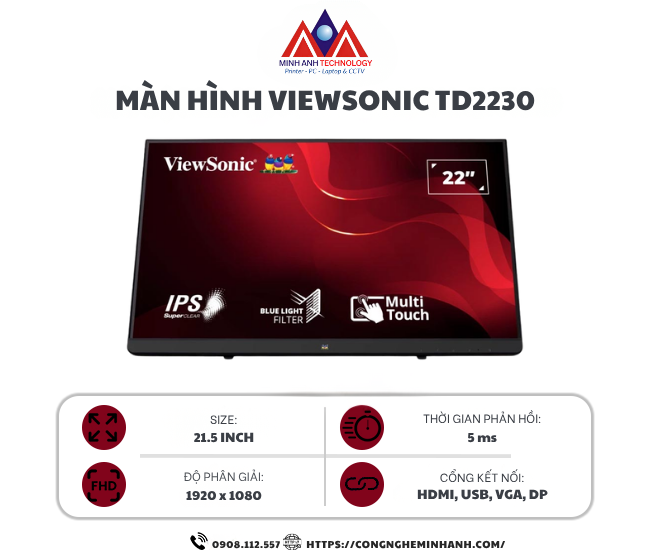 Màn hình cảm ứng Viewsonic TD2230 (21.5Inch/ Full HD/ 5ms/ 200cd/m2/ IPS/ Tích hợp Loa)