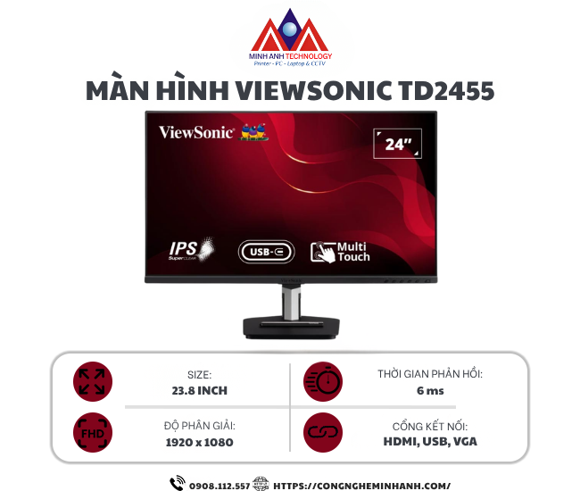 Màn hình cảm ứng Viewsonic TD2455 (23.8Inch/ Full HD/ 60HZ/ 250cd/m2/ IPS/ Tích hợp Loa)