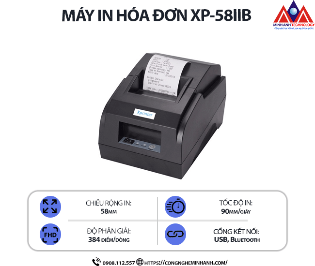 Máy in Bill Xprinter XP-58IIB - In hóa đơn, tốc độ cao, kết nối usb, cổng serial, in 58mm