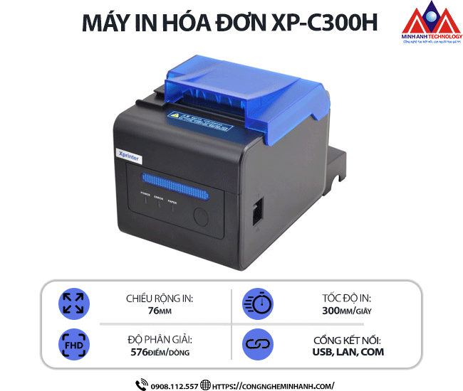 Máy in Bill Xprinter XP-C300H - Độ phân giải 203 dpi, kết nối usb/lan, tốc độ in 220mm/s, in nhiệt trực tiếp