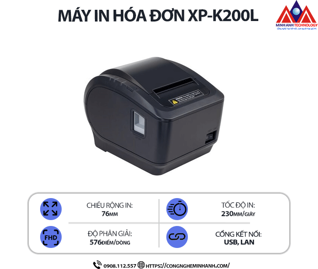 Máy in Bill Xprinter XP-K200L (USB + LAN) - Độ phân giải 203dpi, kết nối usb/lan, tốc độ in cao, chất lượng bền bỉ