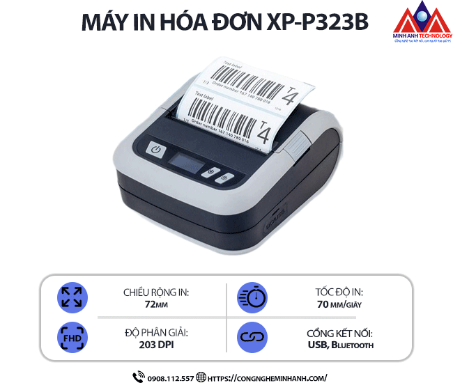 Máy in Bill Xprinter XP-P323B (USB + BLUETOOTH) - In nhiệt trực tiếp, độ phân giải 203 dpi, tốc độ in 152mm/s, kết nối USB/Bluetooth