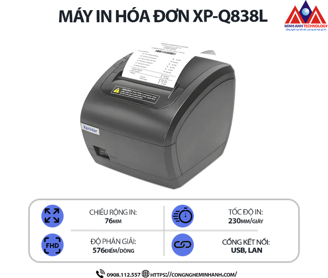 Máy in Bill Xprinter XP-Q838L (USB+LAN) - Cắt giấy tự động, kết nối usb/wifi, tốc độ in 230mm/s, in nhiệt trực tiếp