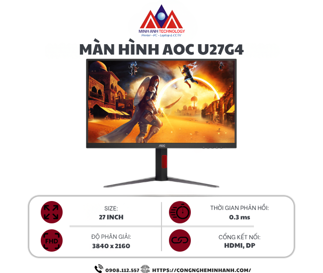 Màn hình AOC U27G4 (27 inch/Fast IPS/UHD-160Hz-0.5ms/FHD-320Hz-0.03ms)