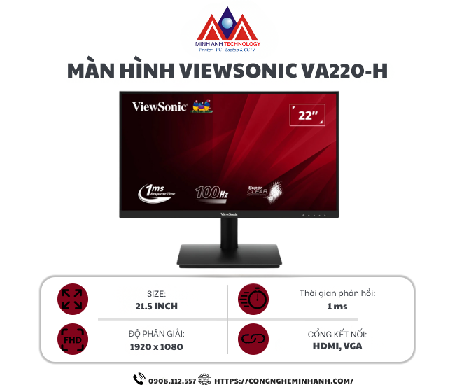Màn Hình ViewSonic VA220-H (21.5 inch/ VA/ FHD/ 100Hz/ 1ms)