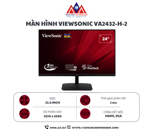 Màn hình máy tính ViewSonic VA2432-H-2 (23.8 inch IPS/ 1920 x 1080/ 250 cd/m²/ 1ms/ 100Hz), bảo hành 24 tháng