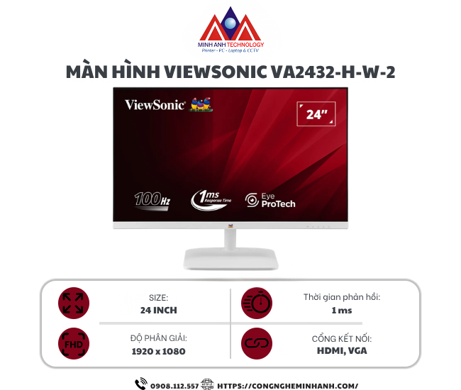 Màn hình ViewSonic VA2432-H-W-2 (24 inch/ FHD / IPS / 100Hz / 1ms)