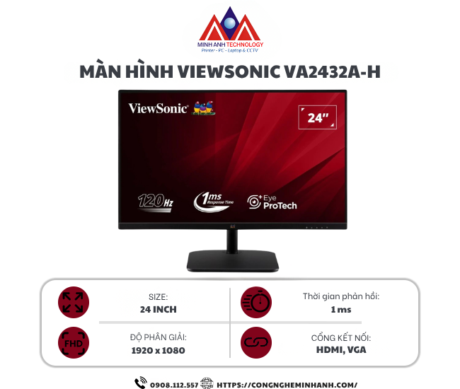 Màn hình LCD ViewSonic VA2432A-H 24 inch (1920 x 1080/ 120Hz/ 1ms/ IPS/ 104% sRGB)