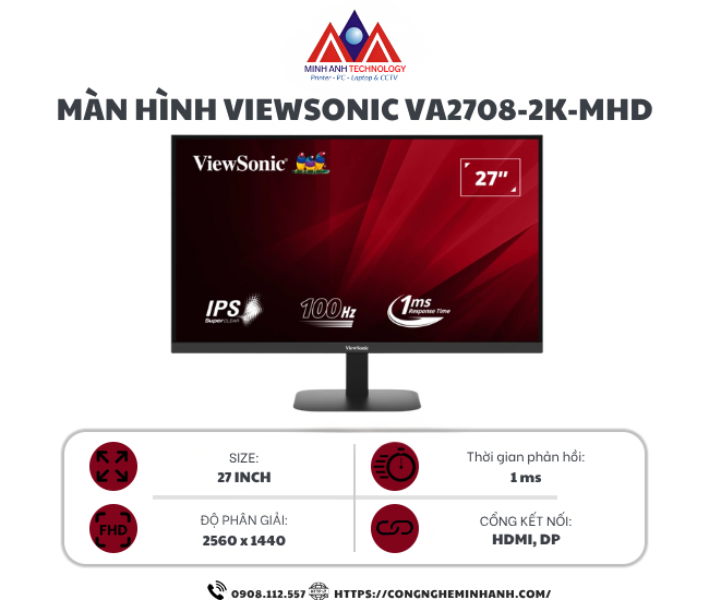 Màn Hình ViewSonic VA2708-2K-MHD (27 inch/ IPS/ 2K/ 100Hz/ 1ms/ Speaker)