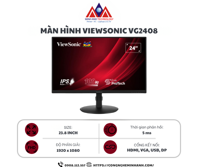Màn hình Viewsonic VG2408 (23.8Inch/ Full HD/ 5ms/ 100HZ/ 250cd/m2/ LED/ Tích hợp Loa)