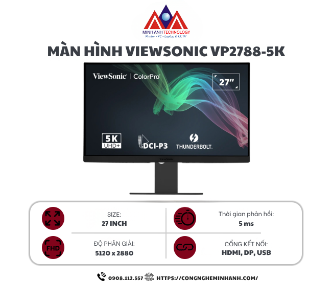 Màn Hình ViewSonic VP2788-5K (27 inch/ IPS/ 5K/ 60Hz/ 5ms/ Speaker/ USB TypeC)