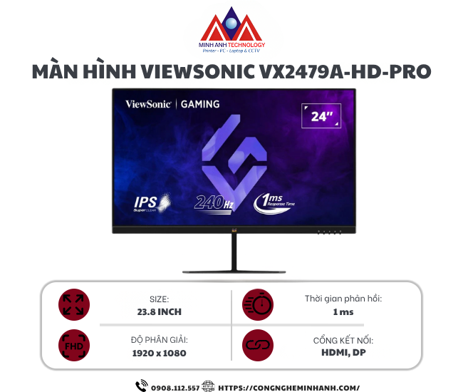 Màn Hình Gaming ViewSonic VX2479A-HD-PRO (23.8 inch/ FHD/ IPS/ 240Hz/ 1ms)