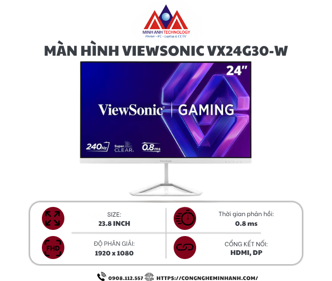 Màn hình gaming ViewSonic VX24G30-W (23.8 inch/ FHD/ IPS/ 240Hz/ 0.8ms)