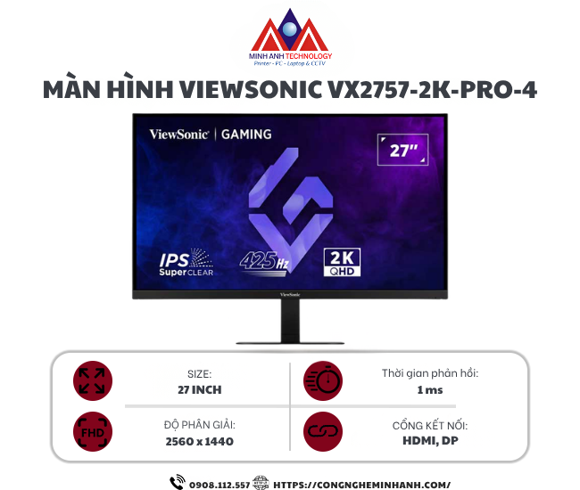 Màn hình gaming Viewsonic VX2757-2K-PRO-4 (27Inch/ 2K/ 1ms/ 425Hz/ 400cd/m2/ IPS)