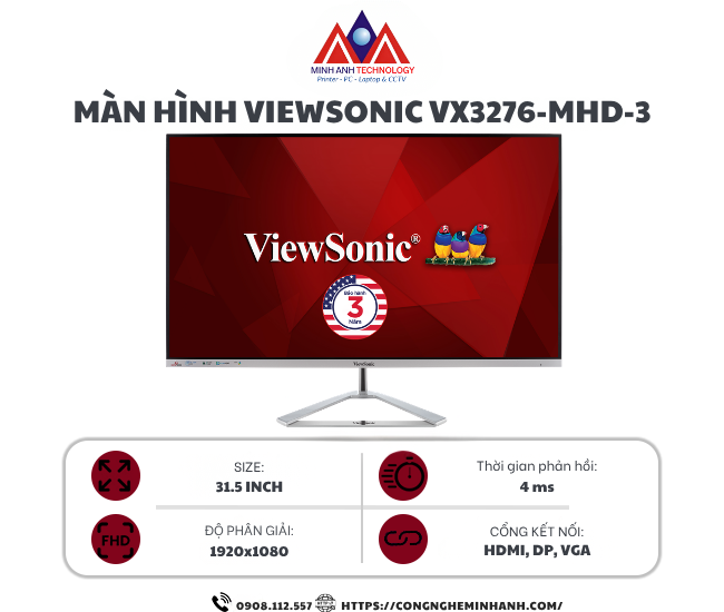 Màn hình ViewSonic VX3276-MHD-3 (31.5 inch/FHD/IPS/75hz/4ms)