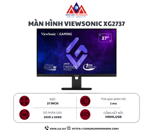 Màn Hình Gaming ViewSonic XG2737 (27 inch/ IPS/ FHD/ 520Hz/ 1ms/ Speaker)