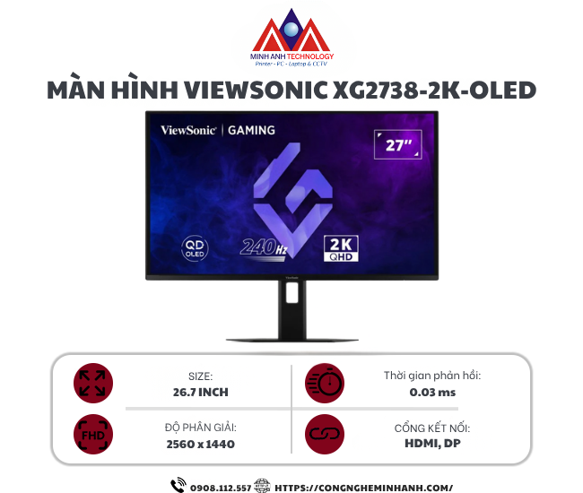 Màn Hình ViewSonic XG2738-2K-OLED (26.7 inch/ OLED/ 2K/ 240Hz/ 0.03ms/ Speaker)